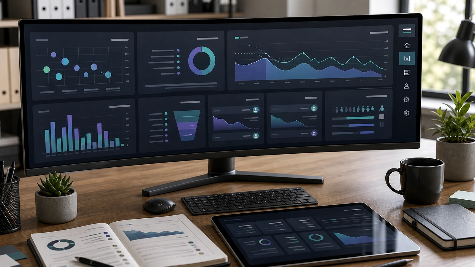 Photo premium réaliste illustrant analytics prédictif IA site web sans personne visible
