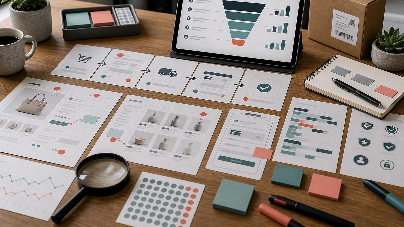 Photo premium réaliste illustrant audit conversion e-commerce IA sans personne visible