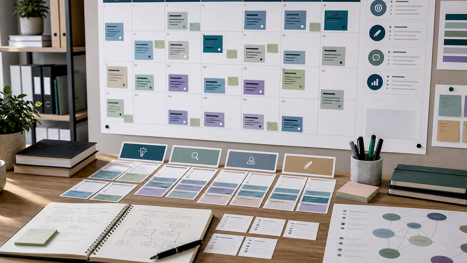 Photo premium réaliste illustrant calendrier éditorial IA sans personne visible