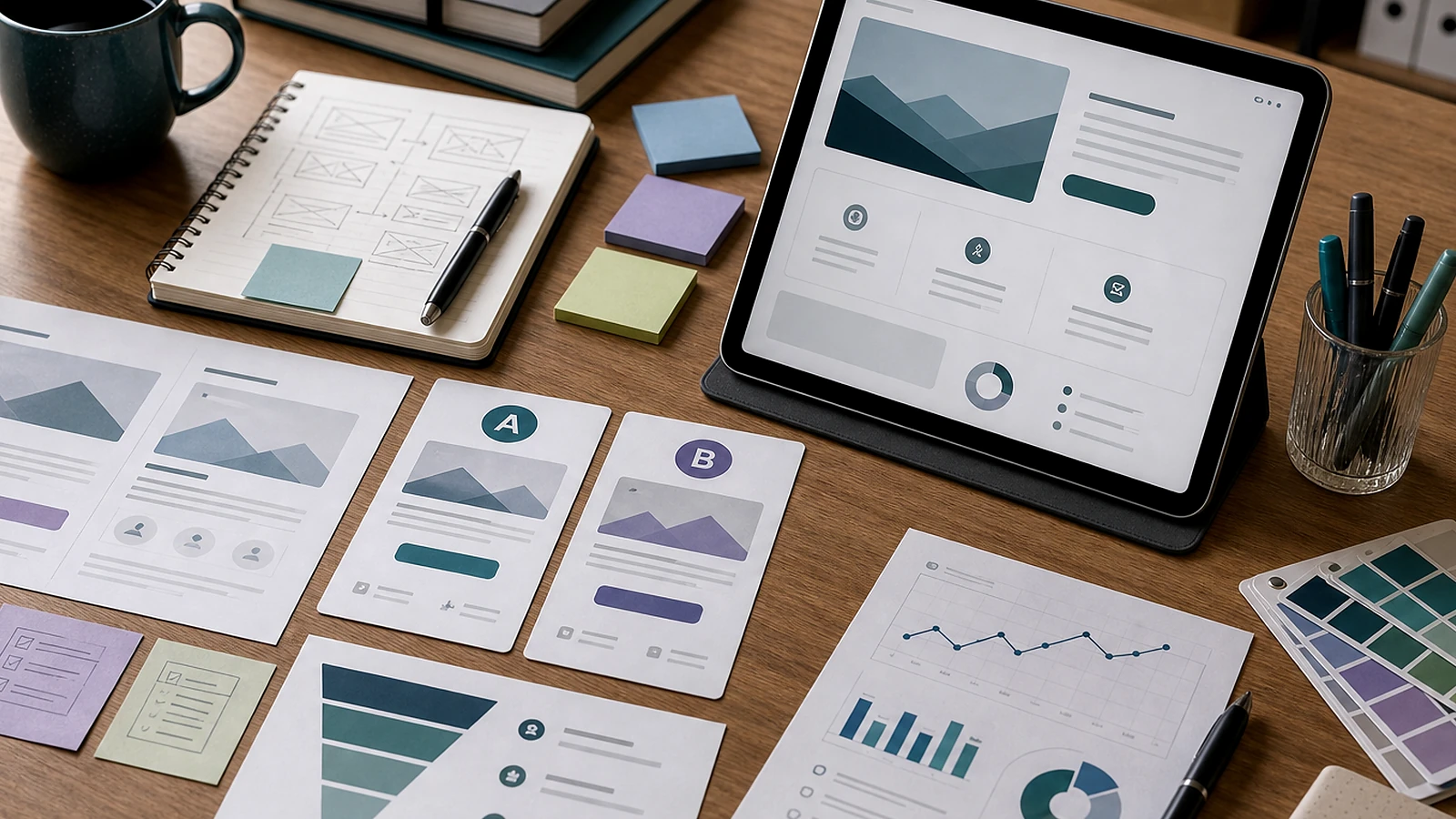 Photo premium réaliste illustrant landing page IA sans personne visible