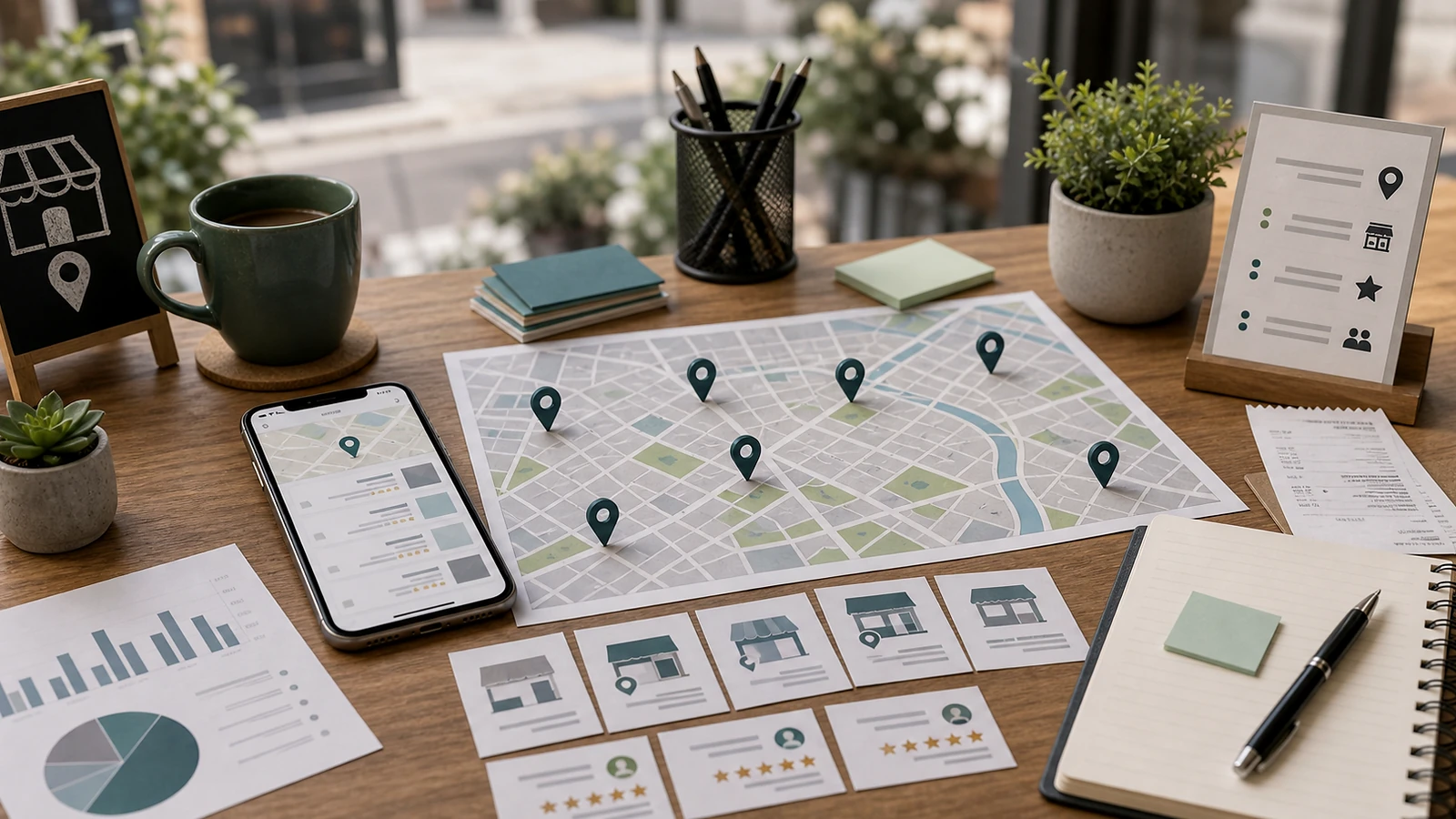 Photo premium réaliste illustrant SEO local IA sans personne visible