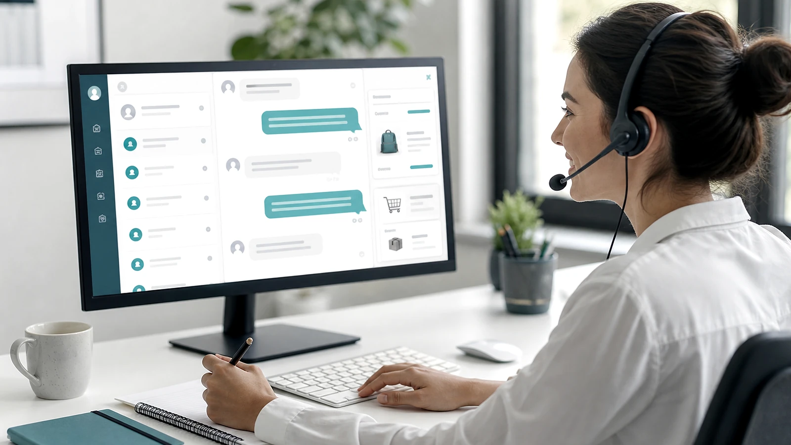 Photo premium réaliste illustrant service client IA e-commerce sans personne visible